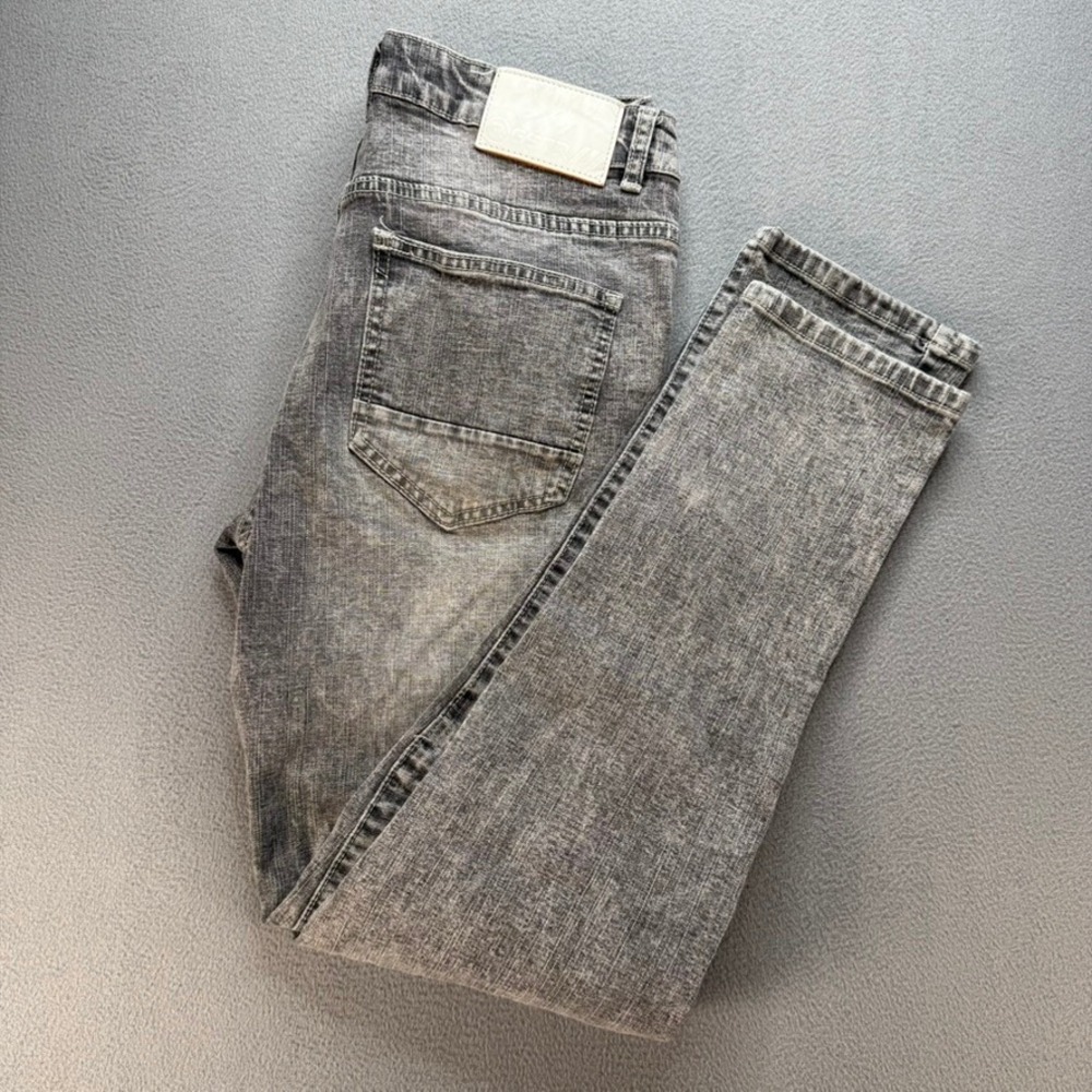 RGSTR Jeans Mens 30 Gray Distressed Moto Biker Slim Fit Ribbed Patches Acid Wash